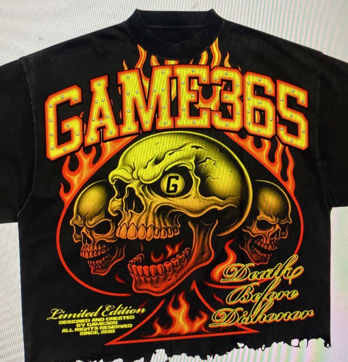 GAME 365 “Death Before Dishonor” 3 Skull Rhinestone Tee – Limited Edition Streetwear T-Shirt